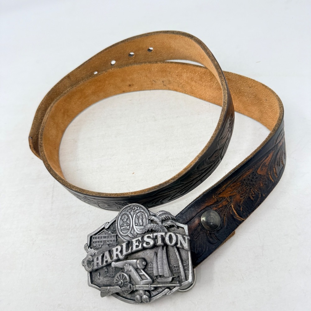 Siskiyou Buckle Co Belt Brown 32 Vintage Charleston SC Tooled Leather Pewter